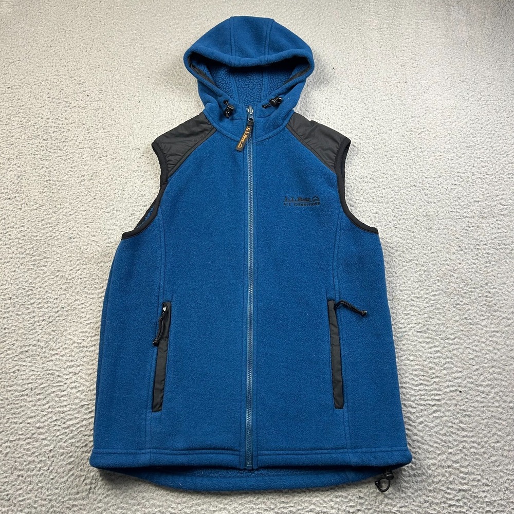 Vintage LL Bean Womens Small Fleece Vest Blue Hooded Made USA Outdoor Gorpcore